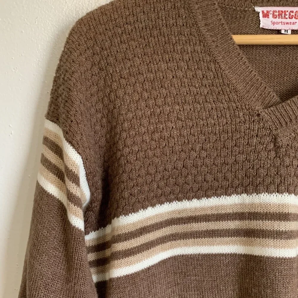McGregor Brown Stripe Heritage Sweater Mens Medium V-Neck Long Sleeve Preppy